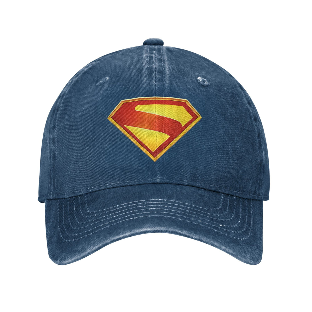 Czapka dad cap Superman z wyblakłego granatowego płótna, herb S nadrukowany w złotym gradiencie