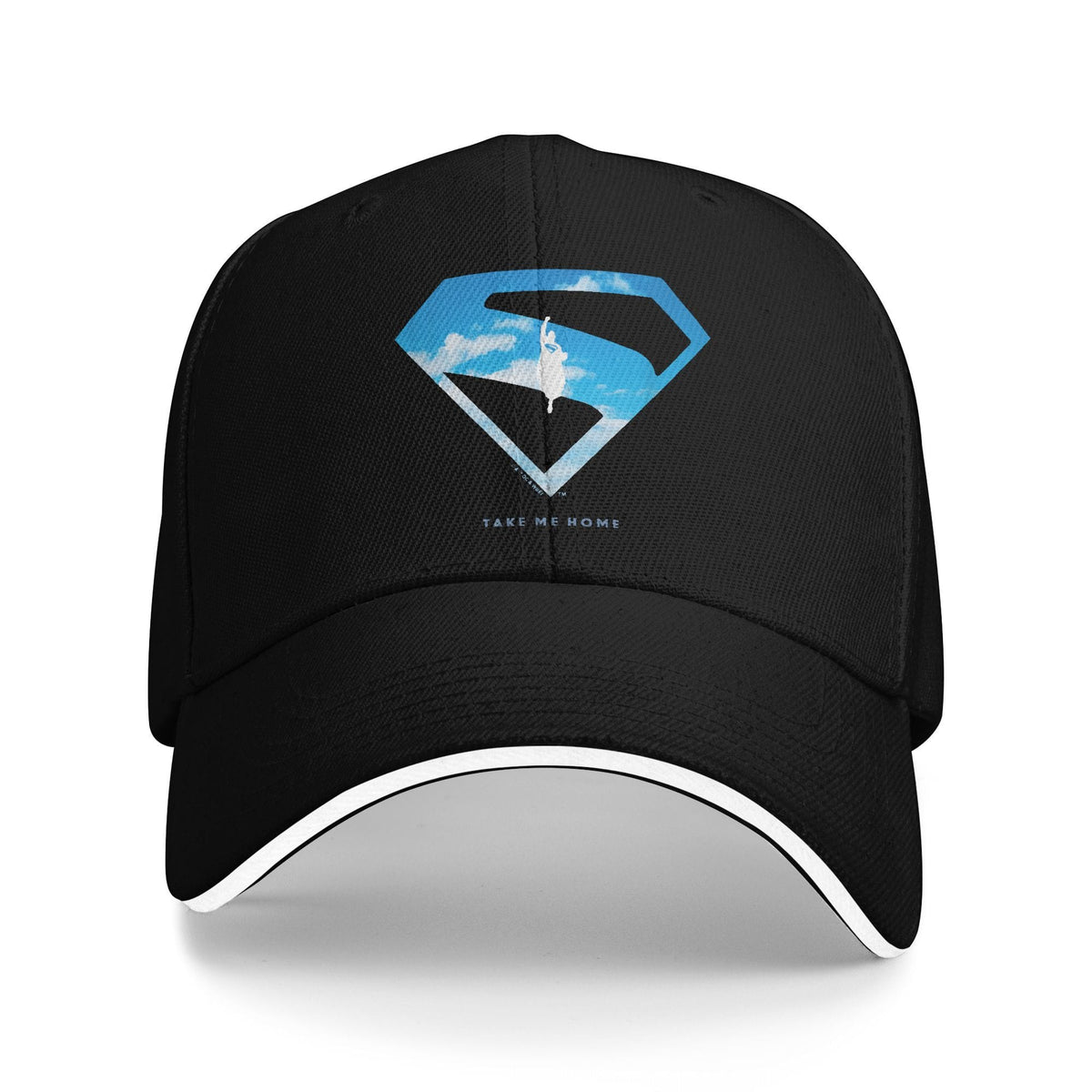Black Superman baseball cap, S logo from the 2025 movie filled with a cloudy blue sky, Take Me Home wording printed underneath