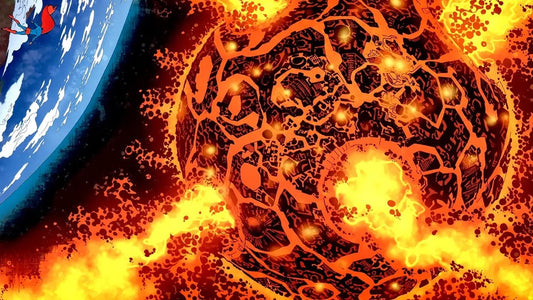 La planète Apokolips vue de l’espace, ses fosses de feu visibles à la surface