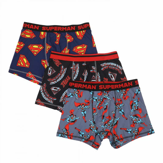 Trois caleçons boxer Superman superposés, motifs logo all-over et ceintures siglées