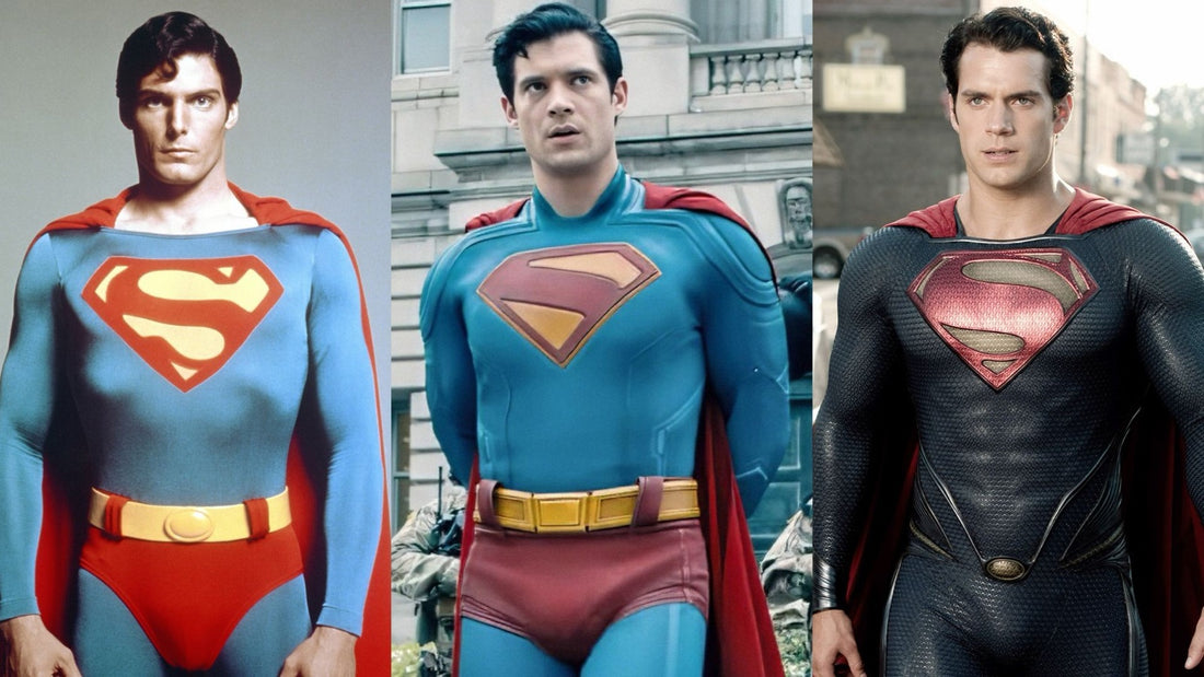 Trois costumes de Superman au cinéma : Christopher Reeve, David Corenswet (2025) et Henry Cavill