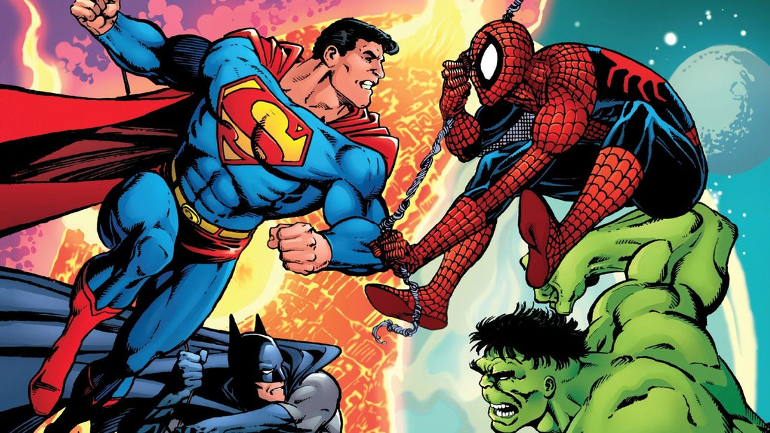 Superman facing Spider-Man, with Batman and Hulk, on the cover of the DC Versus Marvel omnibus