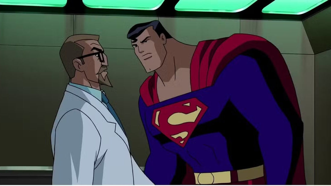 Le professeur Emil Hamilton en blouse de laboratoire face à Superman