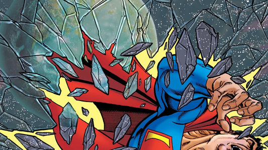 Superman traverse un ciel de cristaux brisés, cape déployée, pendant le combat des deux Superman dans Infinite Crisis