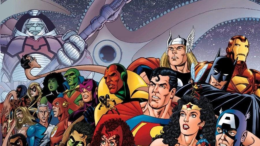 Die Helden der Justice League und der Avengers vereint auf dem Panorama-Cover von JLA/Avengers Nr. 1, gezeichnet von George Pérez