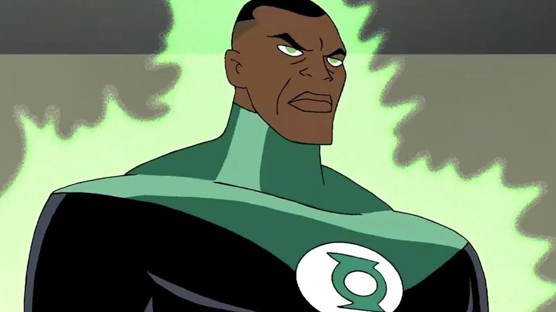 John Stewart, Green Lantern au crâne rasé et au costume vert et noir, dans la série animée Justice League