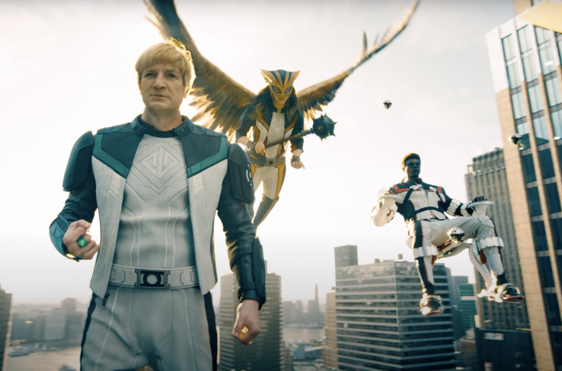 La Justice Gang dans Superman 2025 : Guy Gardner, Hawkgirl et Mister Terrific au-dessus de Metropolis