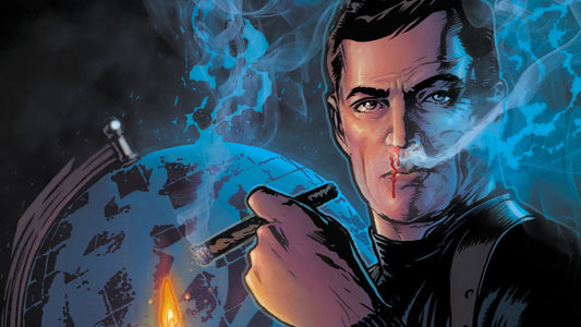 Maxwell Lord, cigare à la main devant un globe terrestre, dans un dessin DC Comics