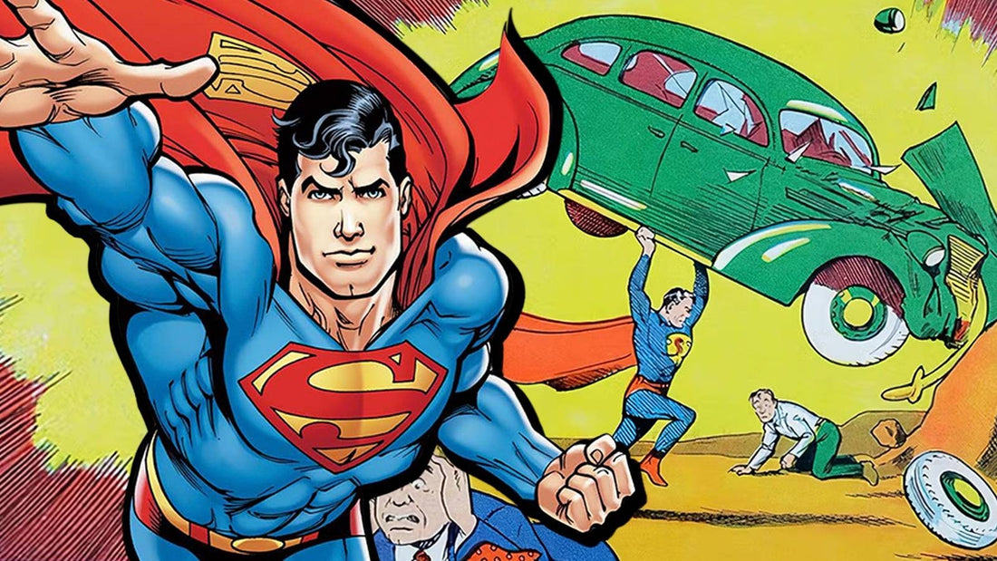 Superman moderne face à la couverture d'Action Comics #1 de 1938, symbole des 87 ans du personnage