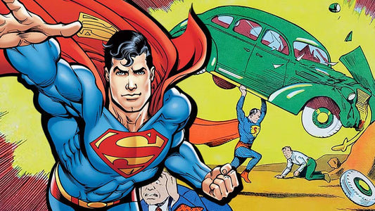 Superman moderne face à la couverture d'Action Comics #1 de 1938, symbole des 87 ans du personnage