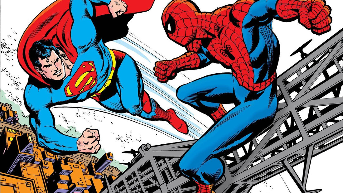 Superman et Spider-Man s'affrontent au-dessus d'une tour, recadrage de la couverture du crossover de 1976