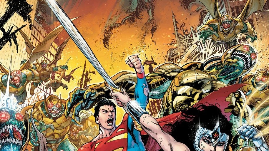 Superman, Wonder Woman und Batman von New 52 Earth 2 gegen Parademons, auf dem textlosen Cover von Earth 2 #1