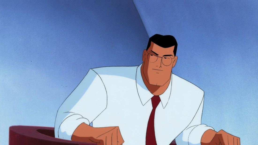 Clark Kent, le rôle doublé par Tim Daly, en chemise blanche et cravate rouge dans Superman, la série animée