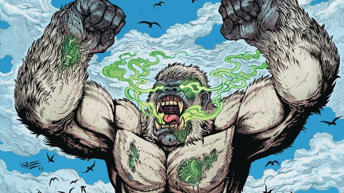Titano, le chimpanzé géant, projetant ses rayons de kryptonite verts