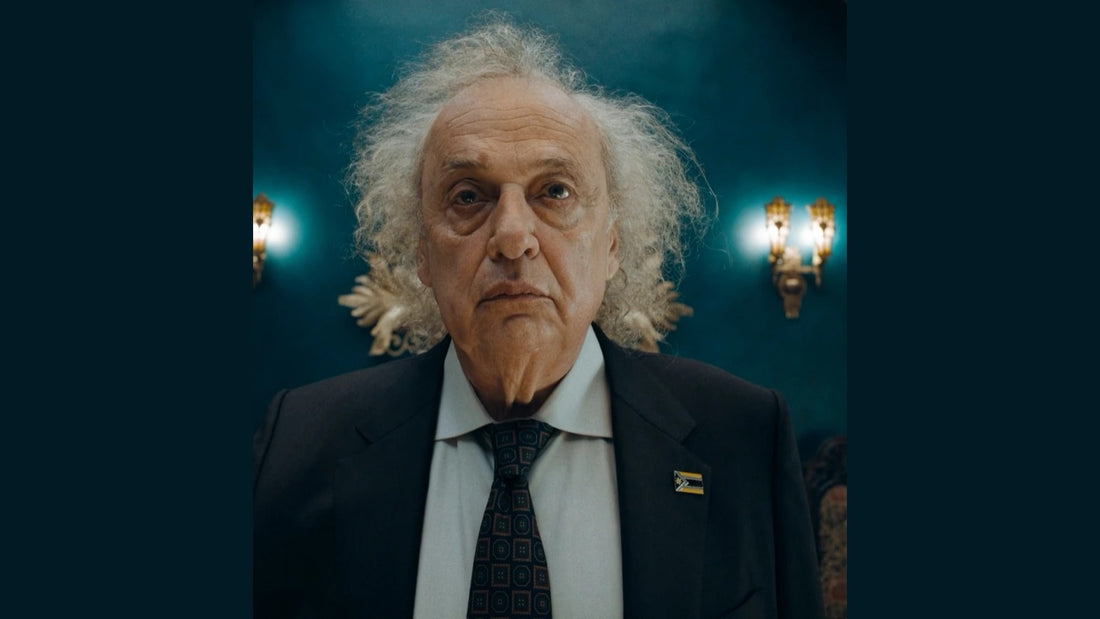 Zlatko Burić en Vasil Ghurkos, costume sombre et épingle de Boravia, dans Superman (2025)