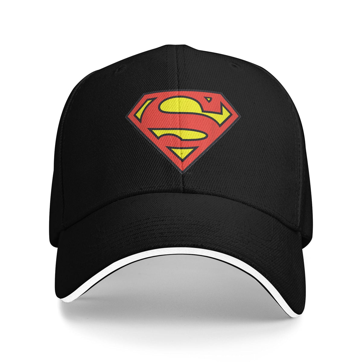 Black Superman baseball cap, red and yellow S shield printed on the front panel, curved brim edged with white piping