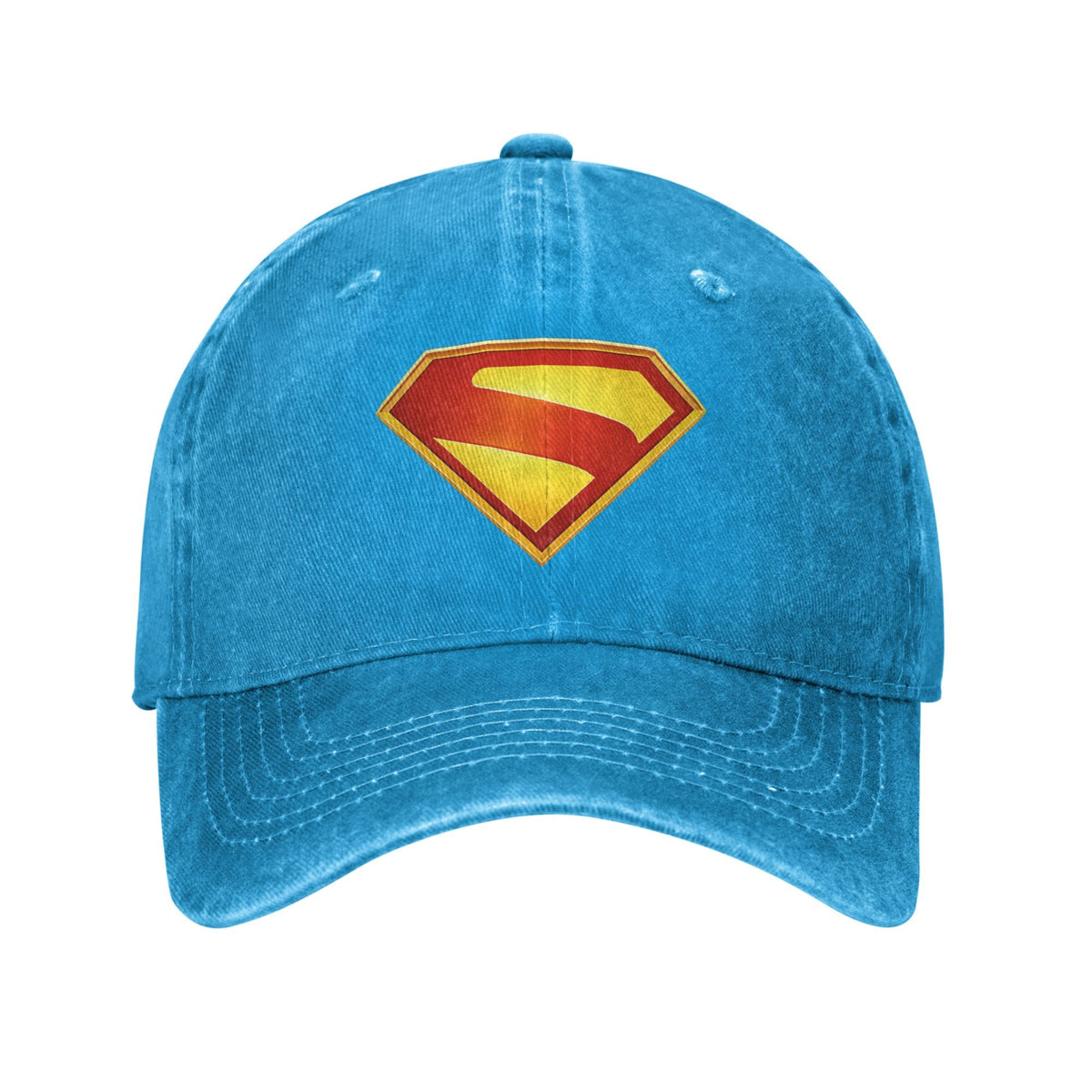 Czapka dad cap Superman z wyblakłego płótna w kolorze lazurowego błękitu, złoty herb S obwiedziony czerwienią