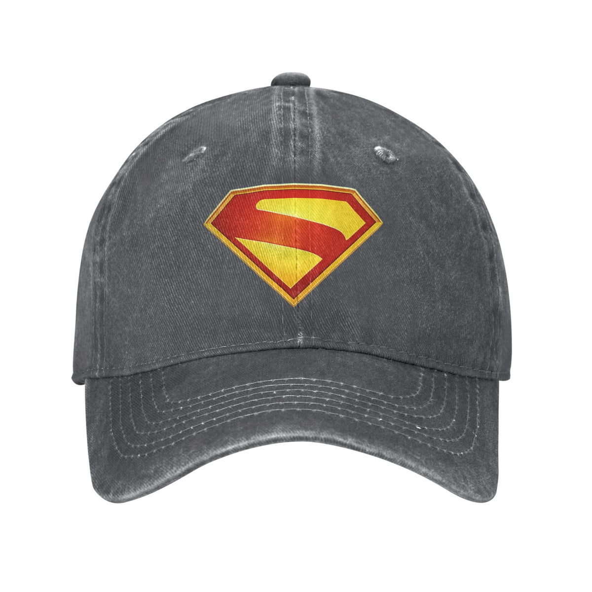 Czapka dad cap Superman z wyblakłego antracytowego płótna, herb S nadrukowany w złotym gradiencie