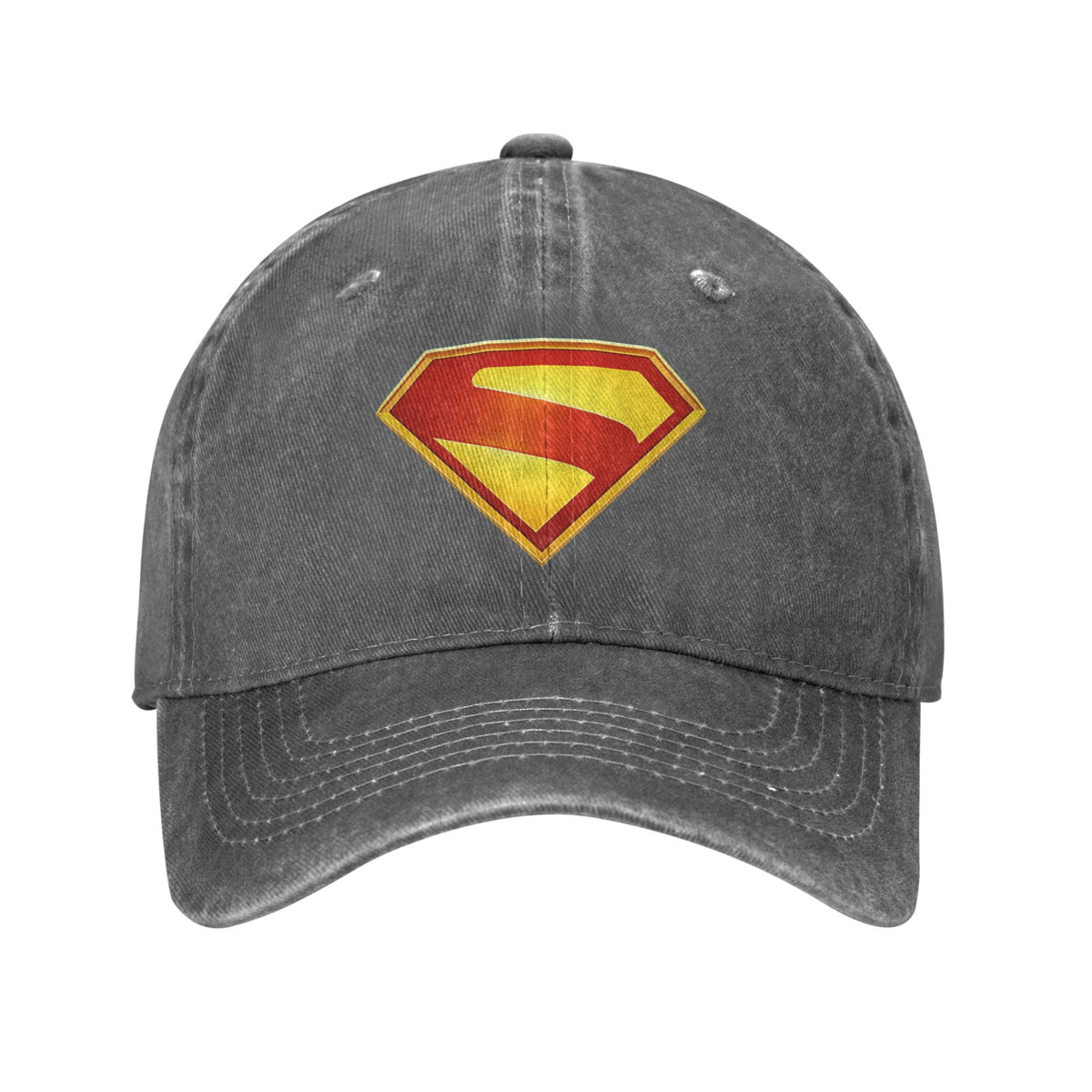 Czapka dad cap Superman z wyblakłego jasnoszarego płótna, złoty herb S obwiedziony czerwienią