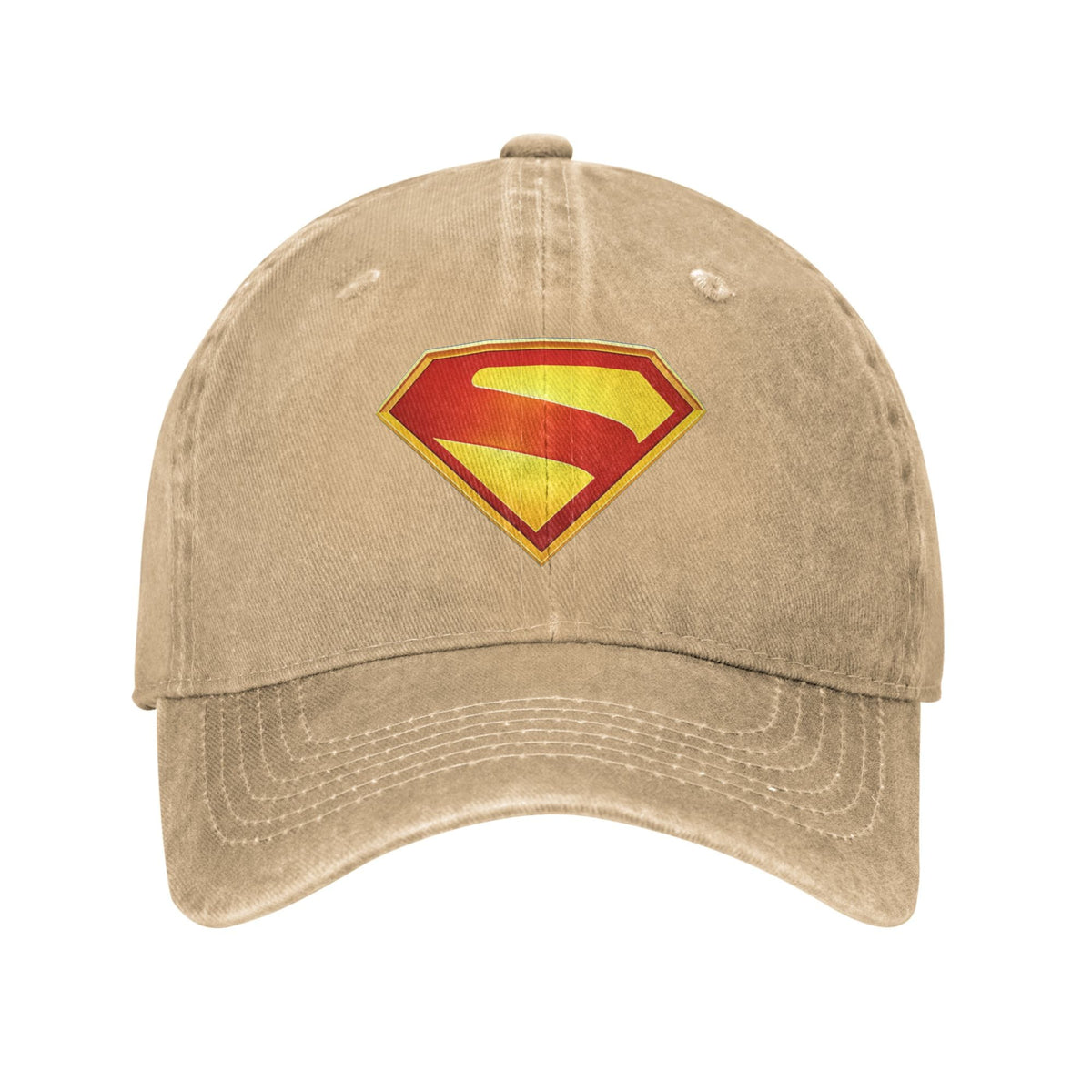 Czapka dad cap Superman z wyblakłego płótna w kolorze khaki, herb S nadrukowany w złotym gradiencie obwiedzionym czerwienią
