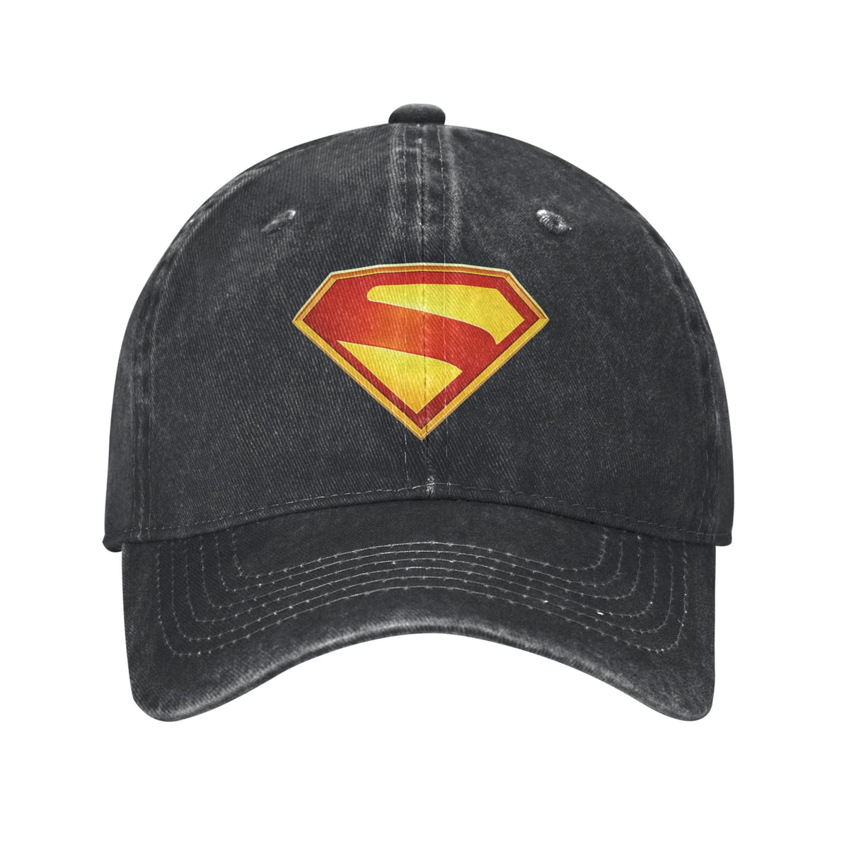 Czapka dad cap Superman z wyblakłego czarnego płótna, złoty herb S obwiedziony czerwienią na przednim panelu