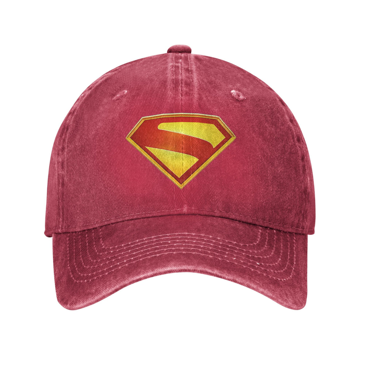 Czapka dad cap Superman z wyblakłego płótna w kolorze malinowej czerwieni, herb S nadrukowany w złotym gradiencie