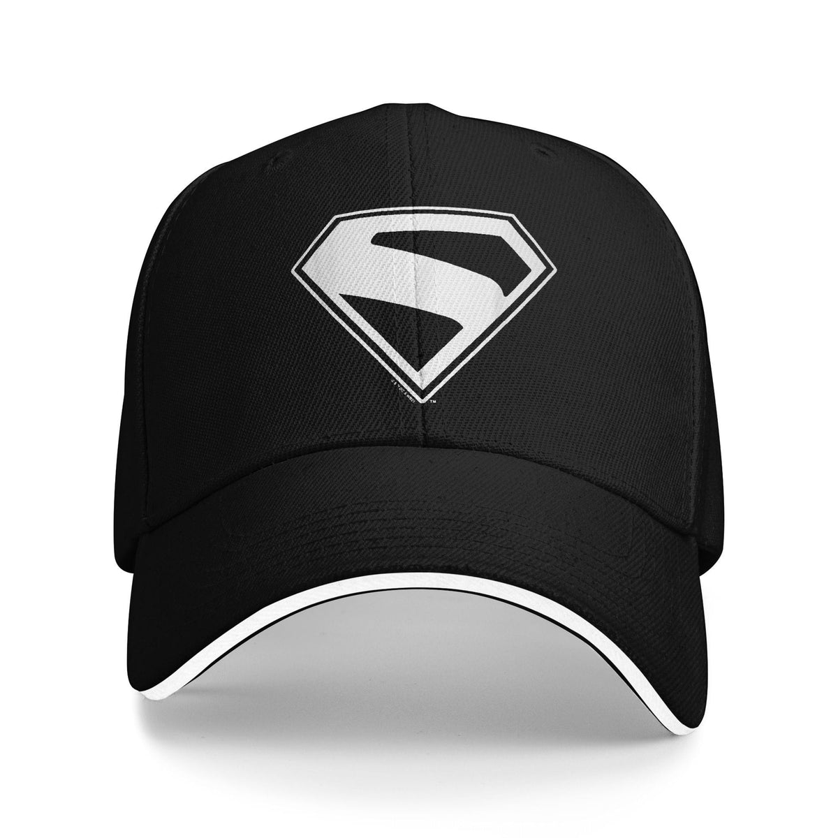 Black Superman baseball cap, S logo from the 2025 movie printed as a white outline on a black background, brim with white piping