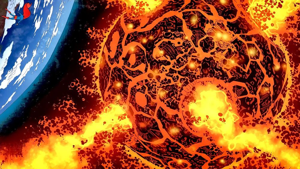 Apokolips vue de l'espace, planète noire lacérée de feu, Superman en approche