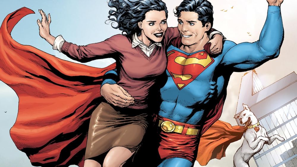 Superman et Lois Lane volent ensemble, un chien blanc les suit