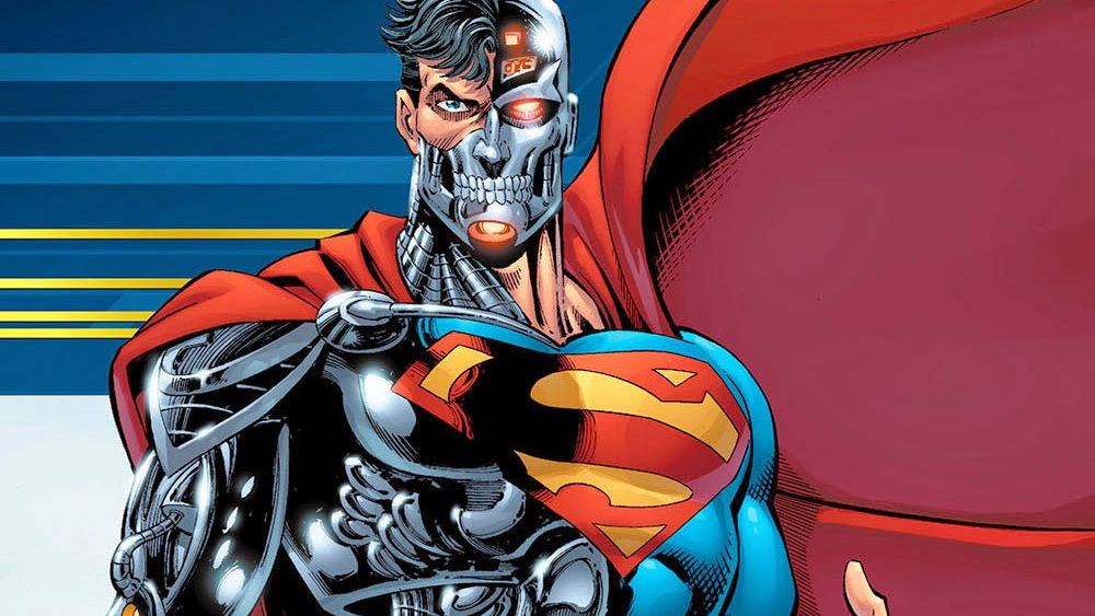 Cyborg Superman, une moitié du visage en métal, cape rouge derrière lui