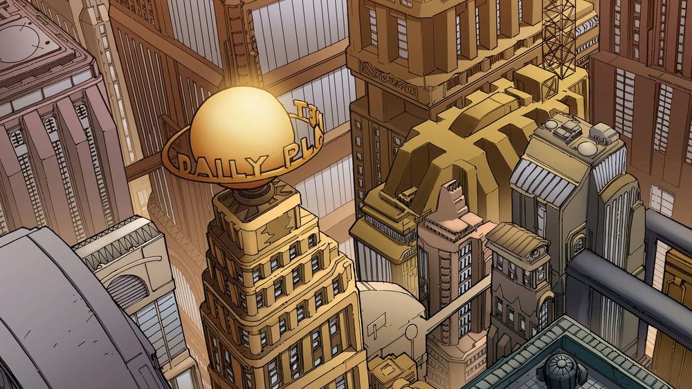 La tour du Daily Planet, globe doré au sommet, vue de comics