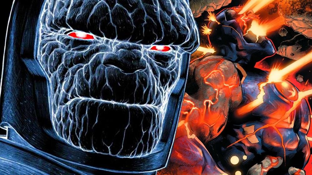 Darkseid, visage de pierre et yeux rouges, rayon Omega à droite