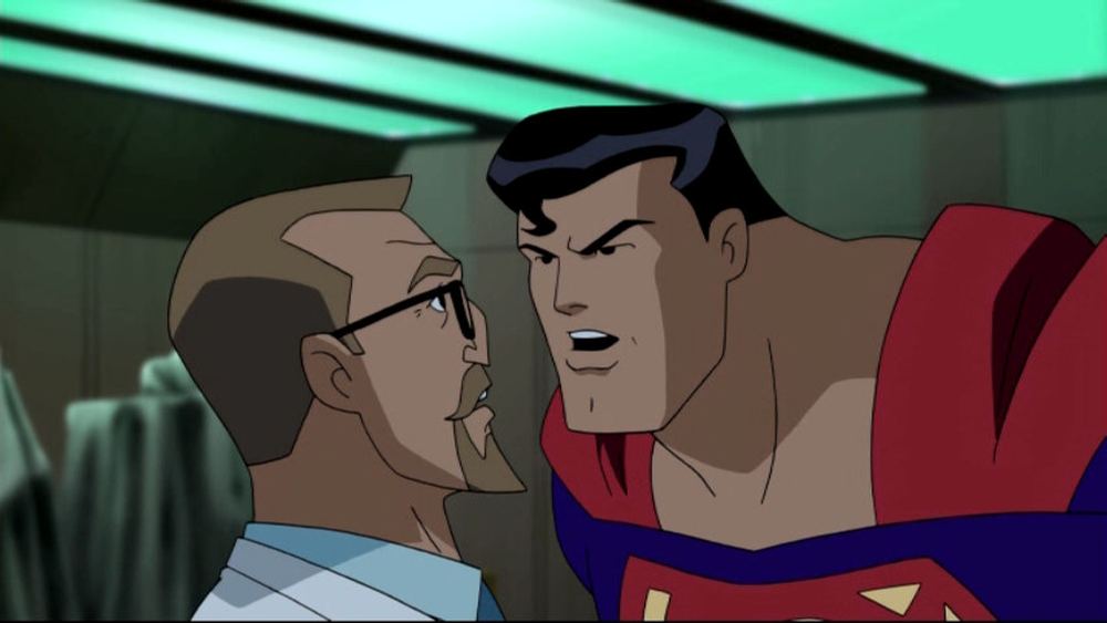 Emil Hamilton en blouse, face à Superman, dans la série animée