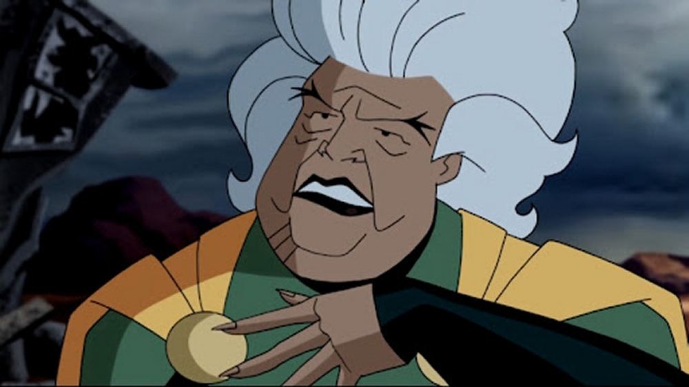 Granny Goodness, cheveux blancs et sphère dorée, dans la série animée