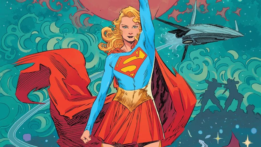Supergirl en cape rouge, poing levé, sur un fond de volutes turquoise