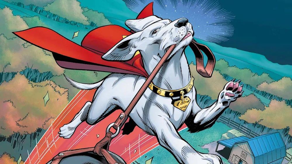 Krypto, chien blanc à cape rouge, laisse dans la gueule, en vol