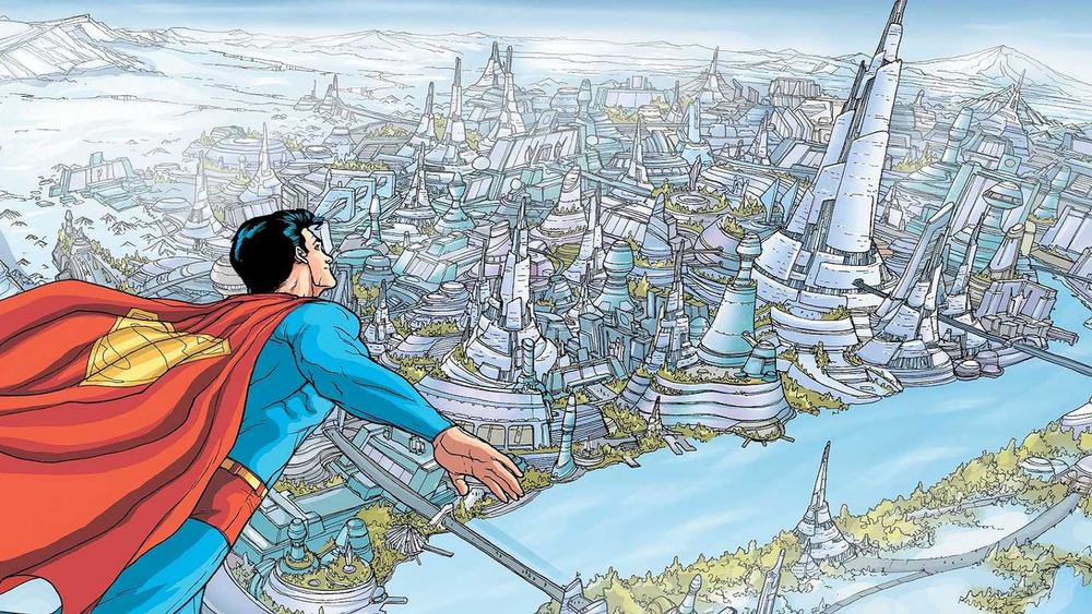 Superman de dos contemple les tours blanches d'une cité kryptonienne