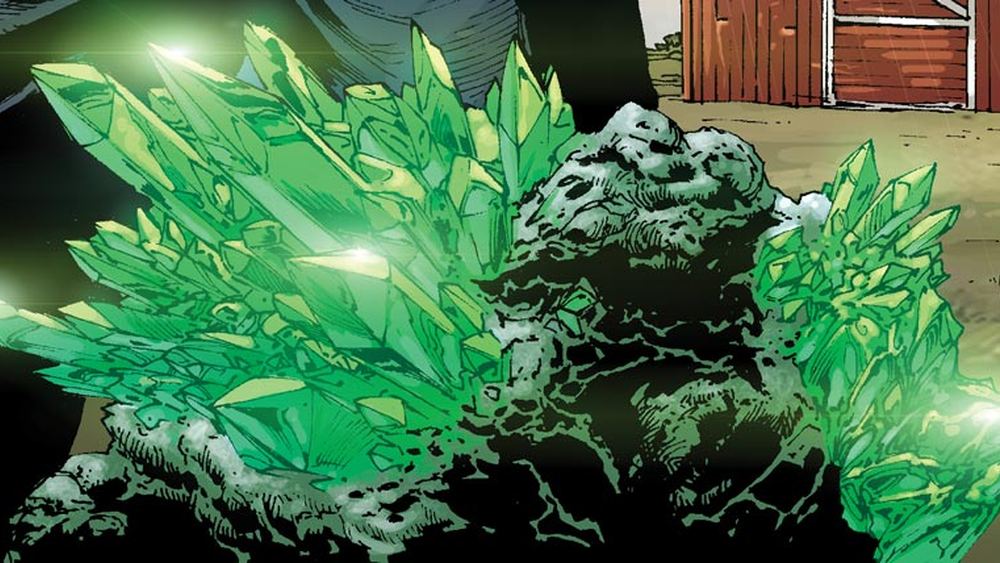 Cristaux de kryptonite verte jaillissant d'un rocher