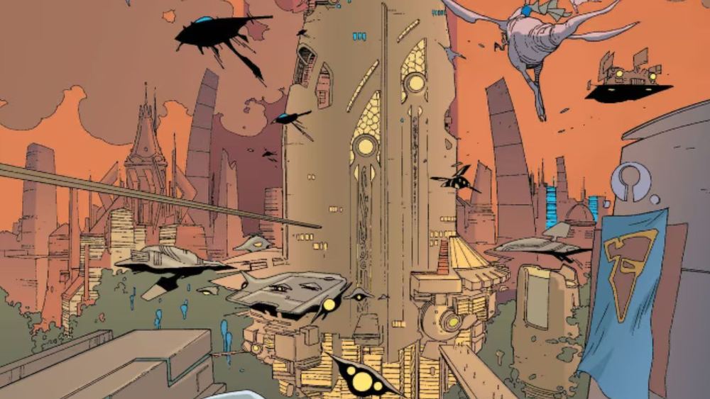 Cité kryptonienne vue de loin, vaisseaux dans un ciel orangé, dans Superman Birthright