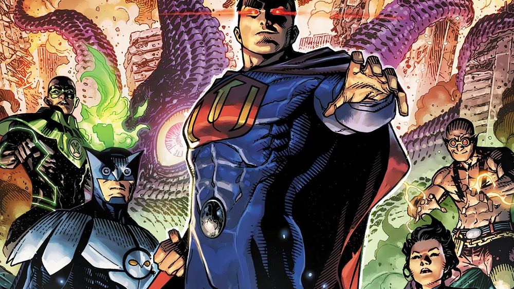 Ultraman au centre, yeux rouges, entouré du Syndicat du Crime, dans les comics