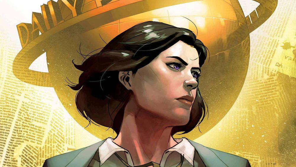 Lois Lane devant le globe doré du Daily Planet, illustration de comics