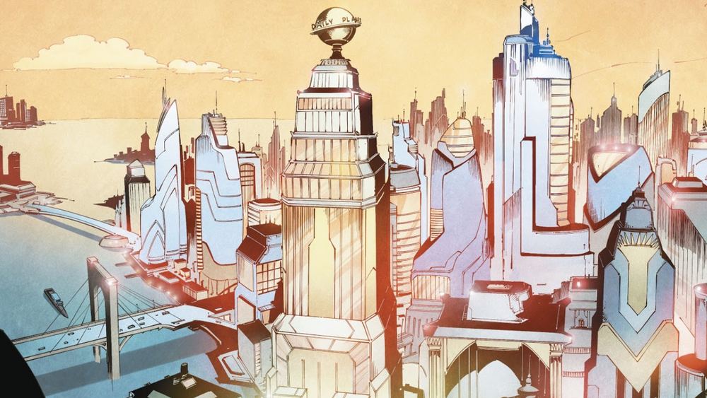Les gratte-ciel de Metropolis et le globe du Daily Planet au lever du jour