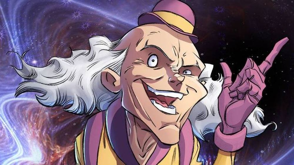 Mr. Mxyzptlk, cheveux blancs, chapeau violet, index levé