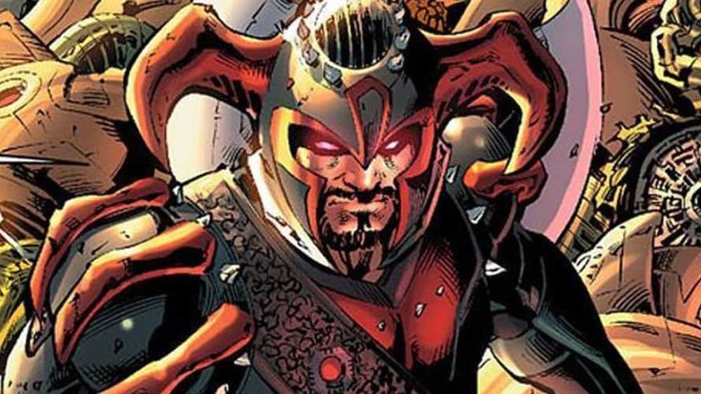 Steppenwolf casqué, cornes courbes et armure rouge, dans les comics