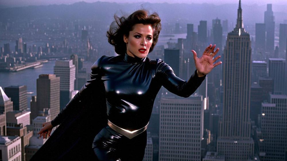 Sarah Douglas en Ursa, combinaison noire, au-dessus de la ville dans Superman II